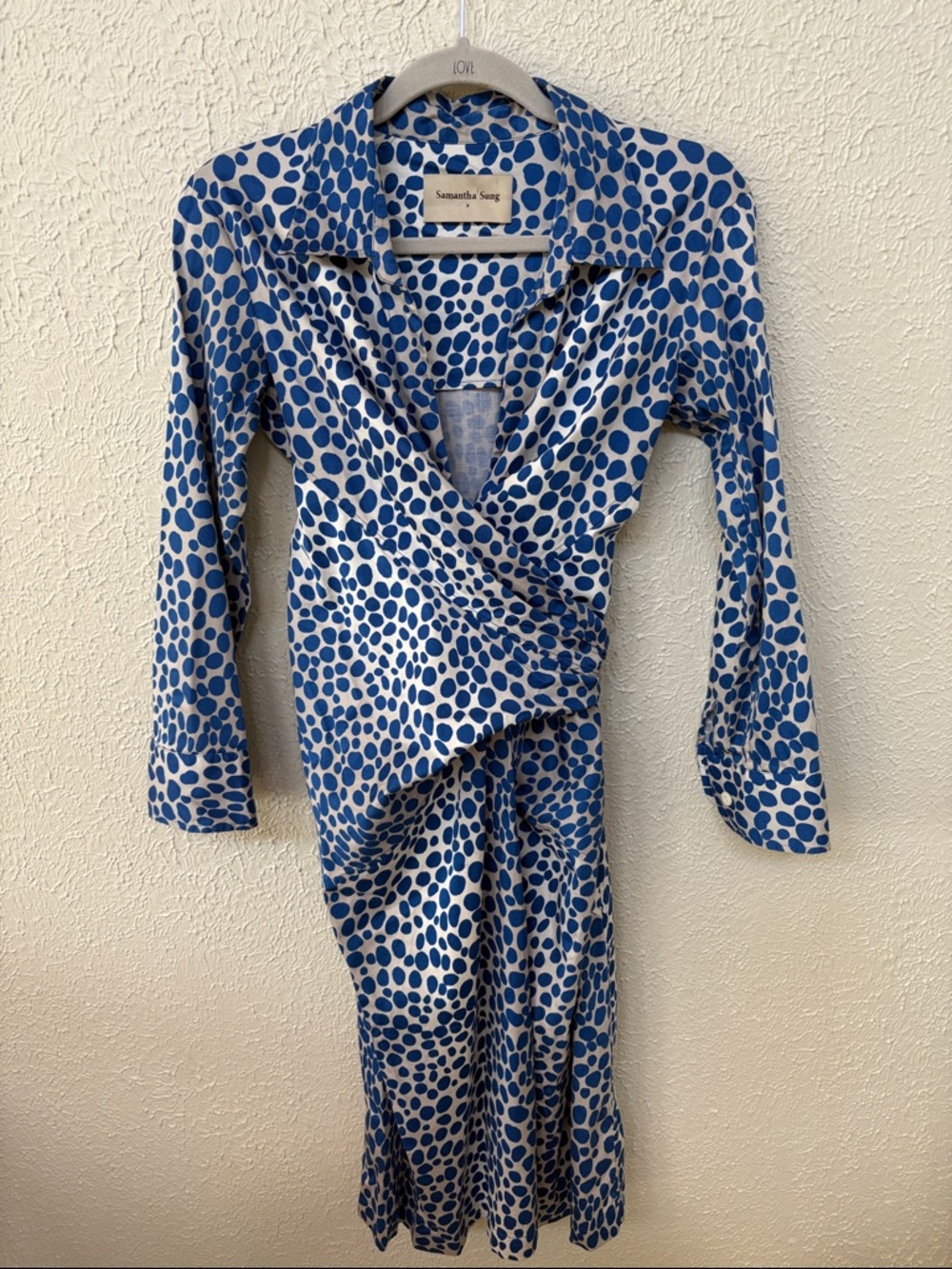 SAMANTHA SUNG Blue Dot Wrap Dress with Collar